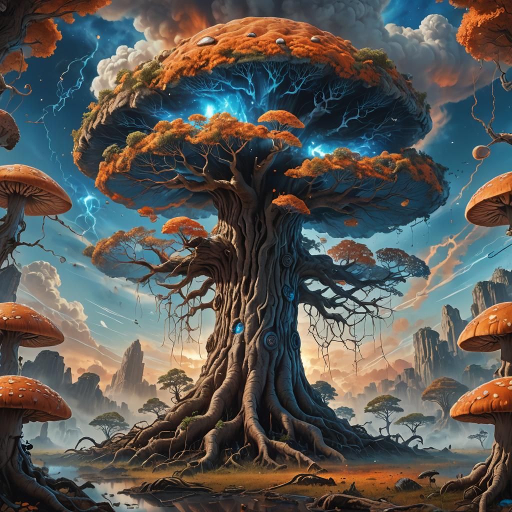 Epic Tree with Mushroom Cloud: Fantasy Landscape