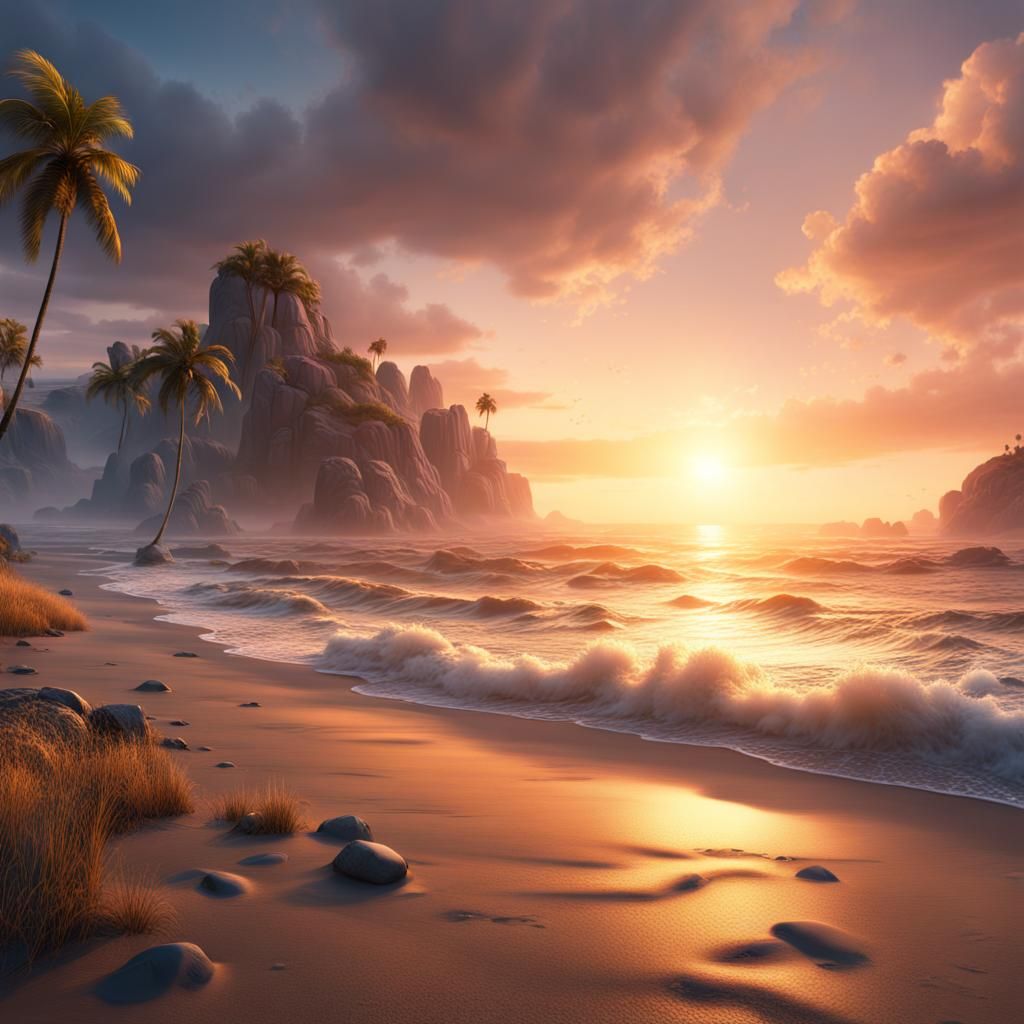 Vibrant Beach Sunrise in Detailed Matte Painting