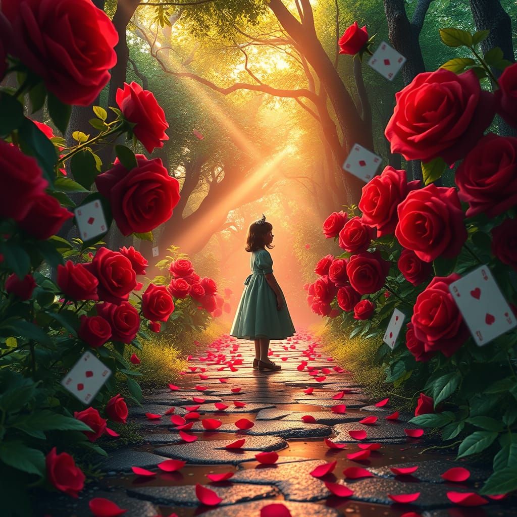 Fantasy Forest Path with Girl and Swirling Cards