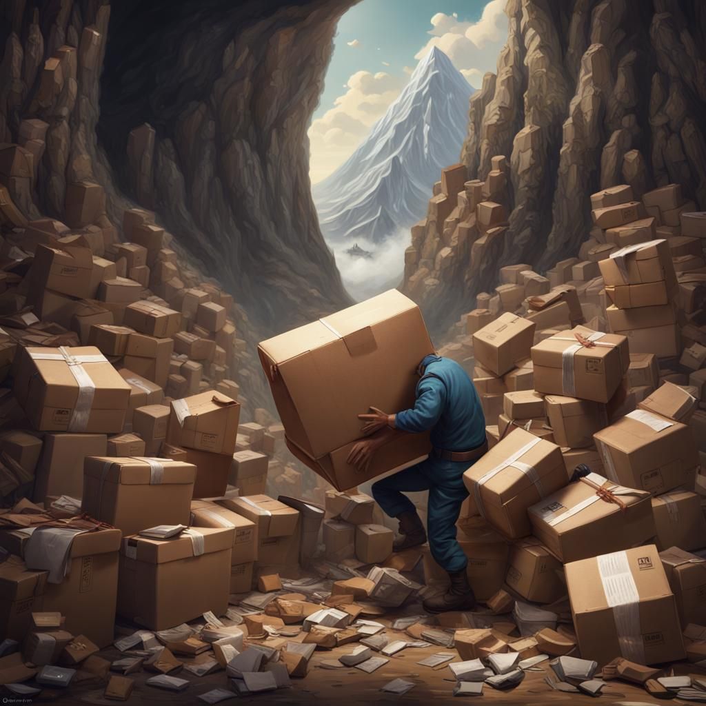 Mailman Crushed by Packages: Old Oil Painting