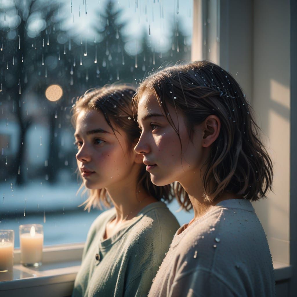 Girl in Serene Bathroom Moment with Boy