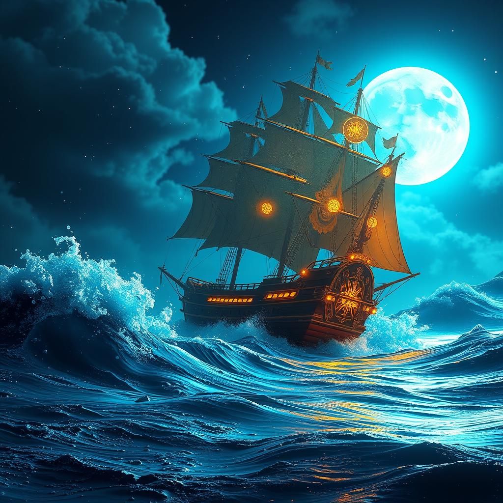 Golden Sparks Light Blue Orb Under Ocean Waves