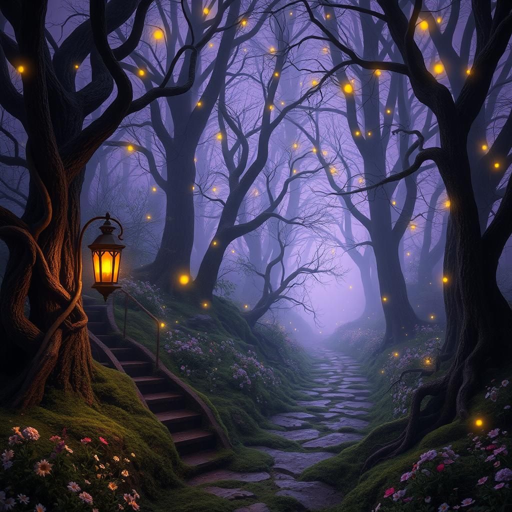 Lantern-Lit Path Through Mystical Forest