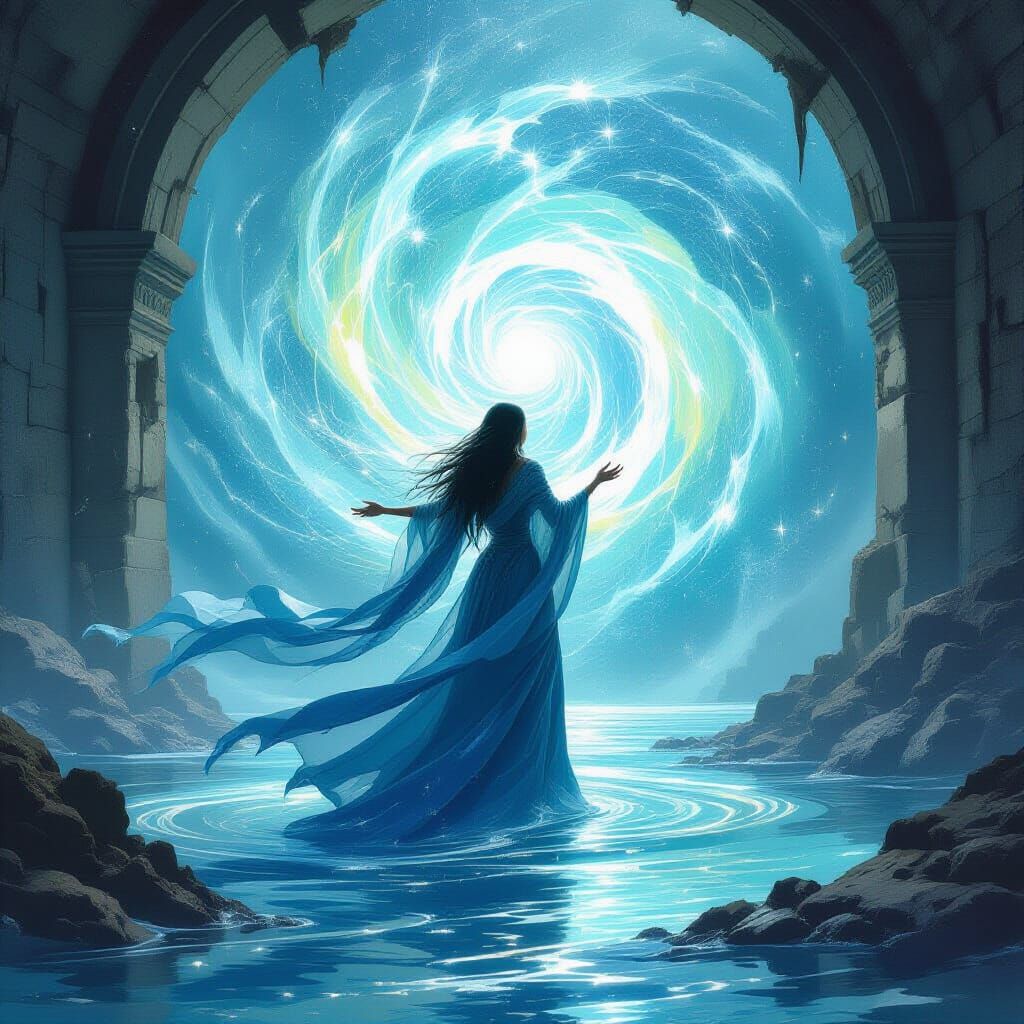 Ethereal Sorceress Conjuring Cosmic Energy Vortex