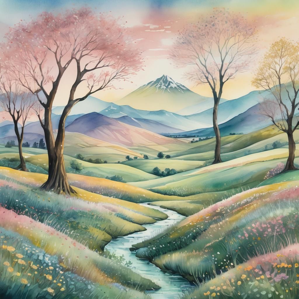 Surrealist Landscape Painting in Watercolor Style