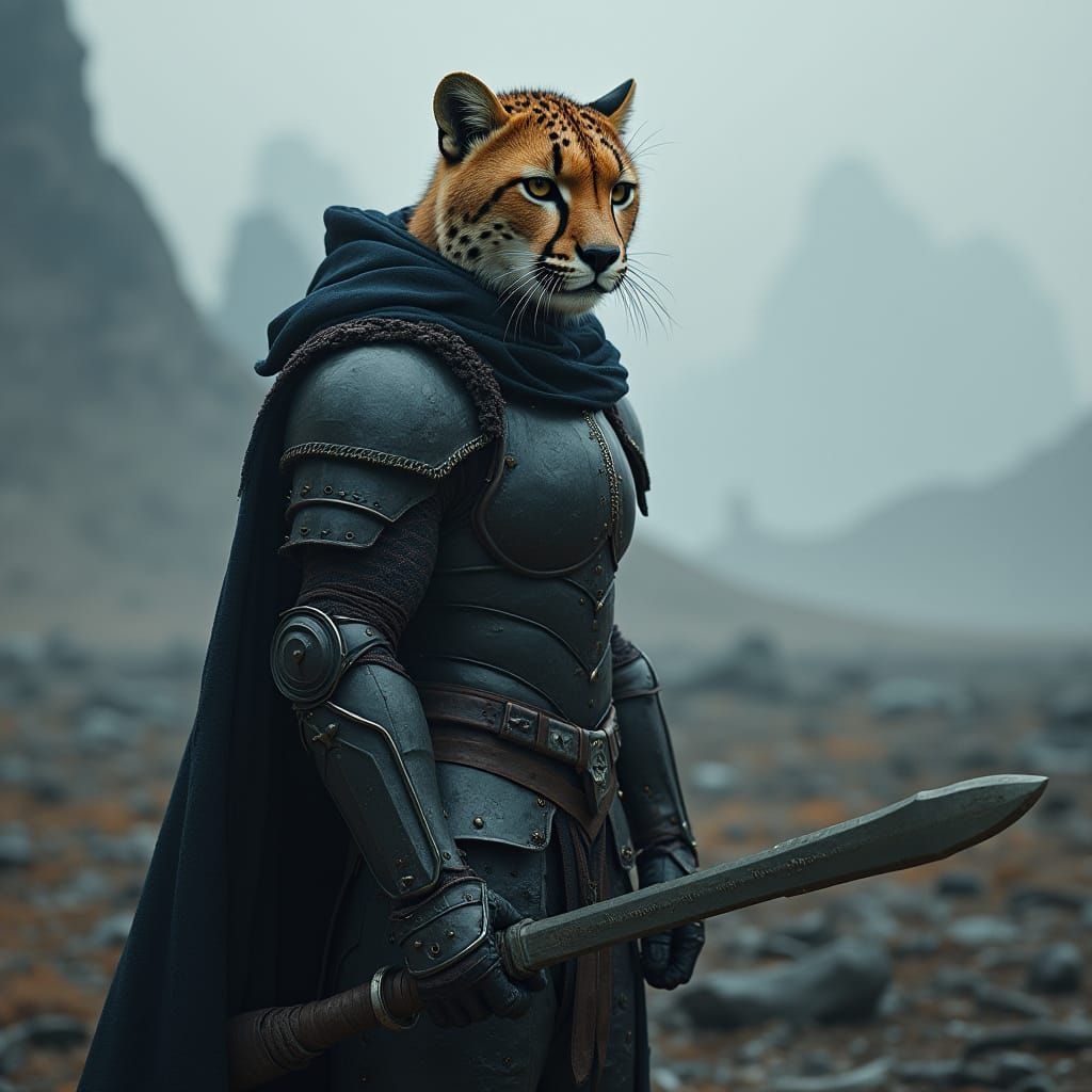Cheetah Warrior in Dark Armor on Battlefield