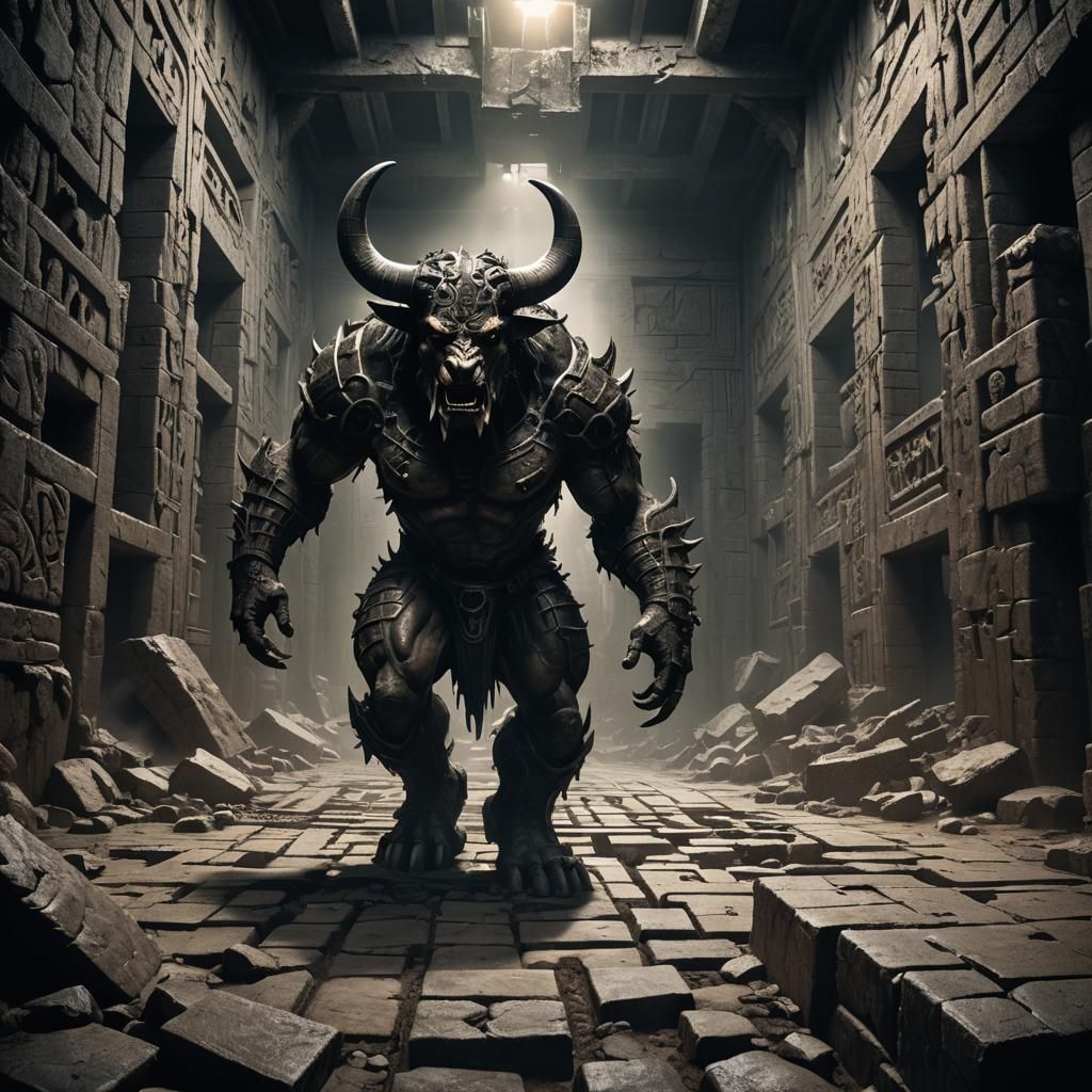 Monstrous Minotaur Crashing Through Maze in Dark Fantasy Art