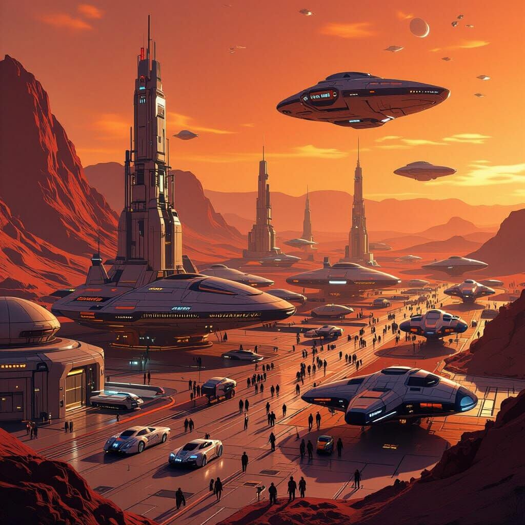 Bustling Mars Spaceport in 2075 with Alien Ships