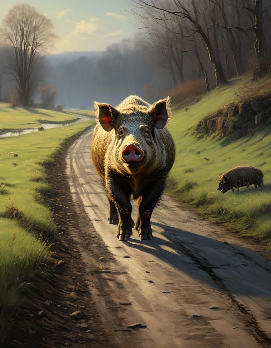 Detailed Oil Painting of Boar in Grassy Landscape