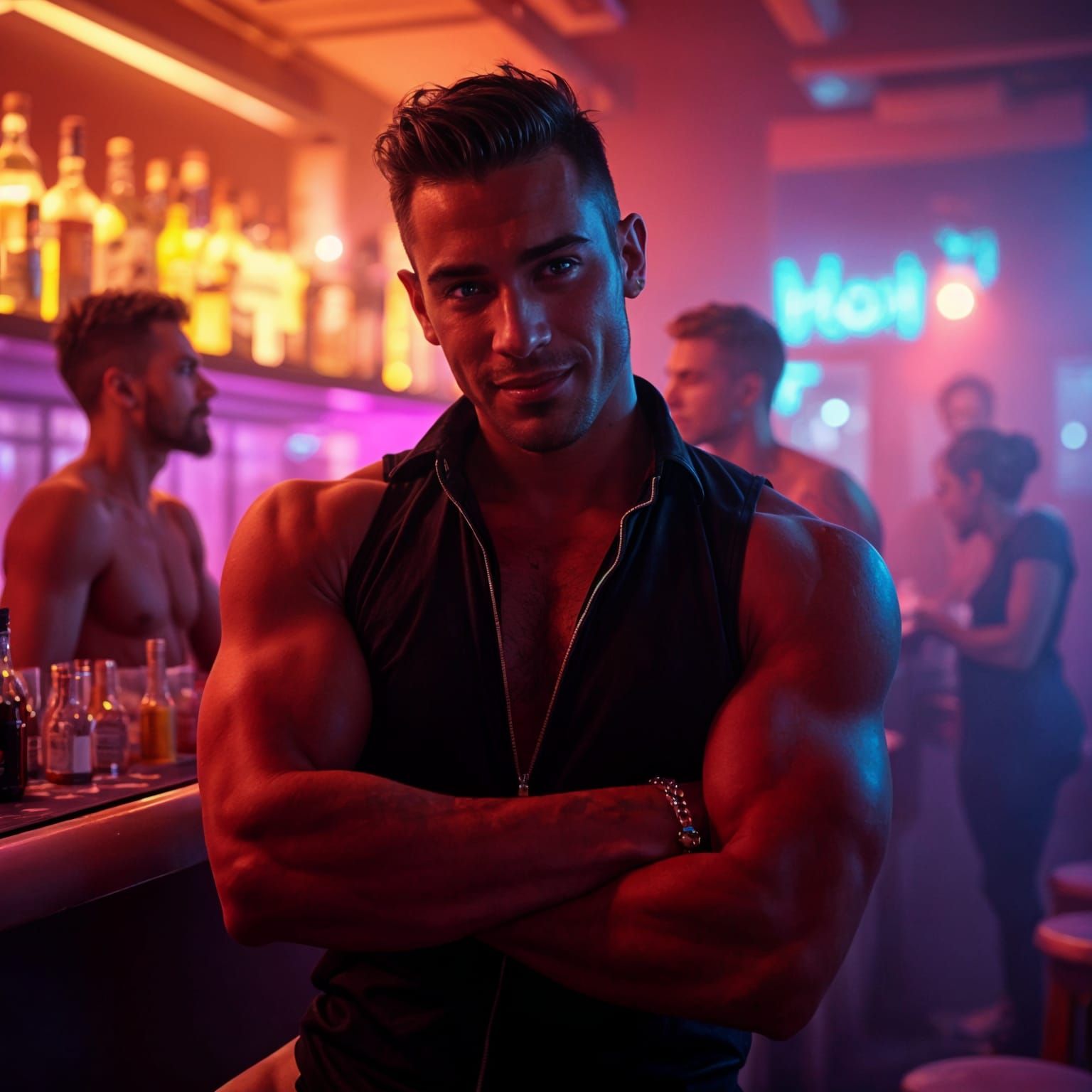 Muscular Bartender in Vibrant Gay Club Setting