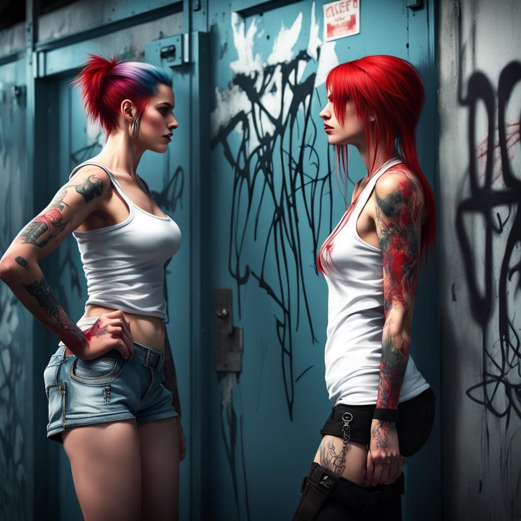 Goth Punk and Farm Girl Flirting: Photorealistic 8K