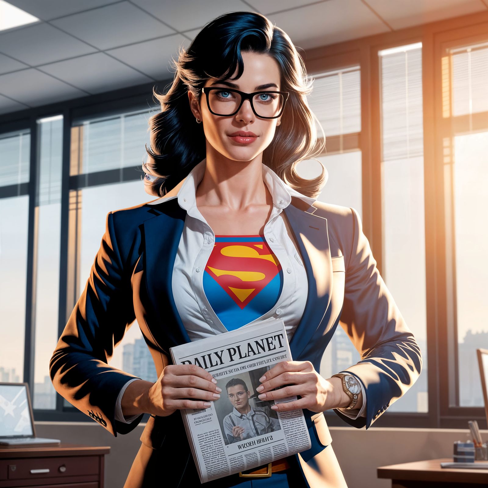 Confident Superheroine in Newspaper Office