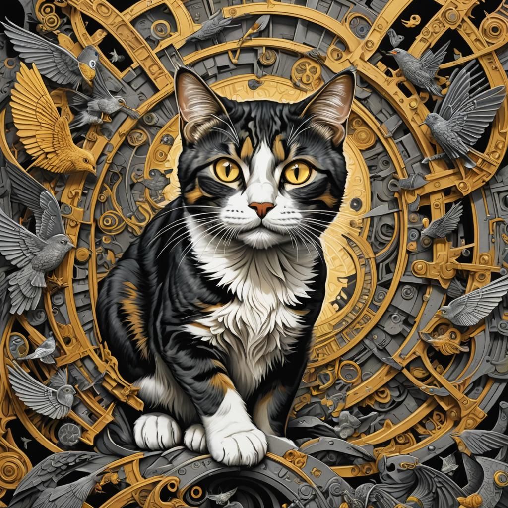 Cat Bird Metamorphosis in Dieselpunk Fractal Art