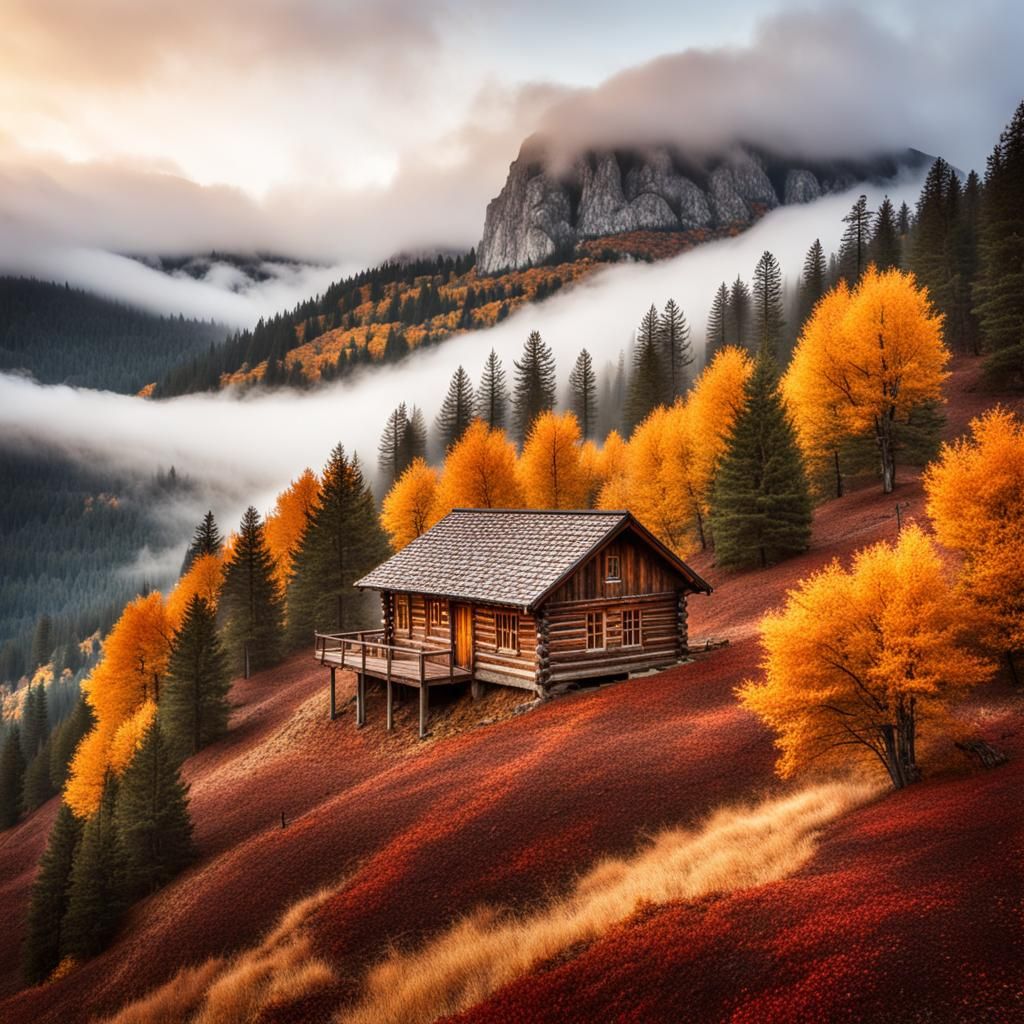 Autumn Cabin Overlooking Foggy Ravine