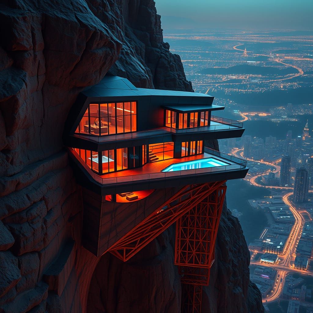 Cyberpunk Cliffside Abode in Industrial Chic Style