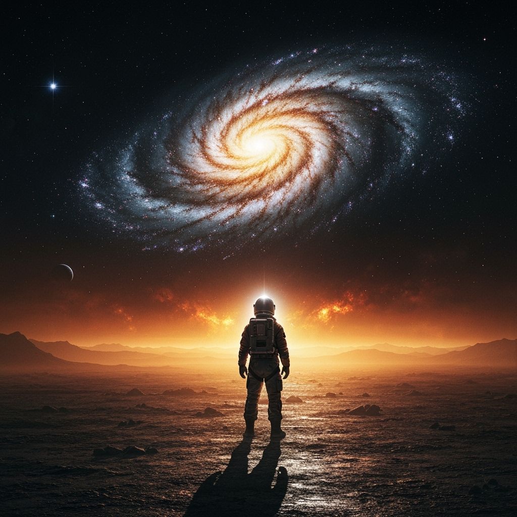 Astronaut on Alien Planet Gazing at Swirling Galaxy