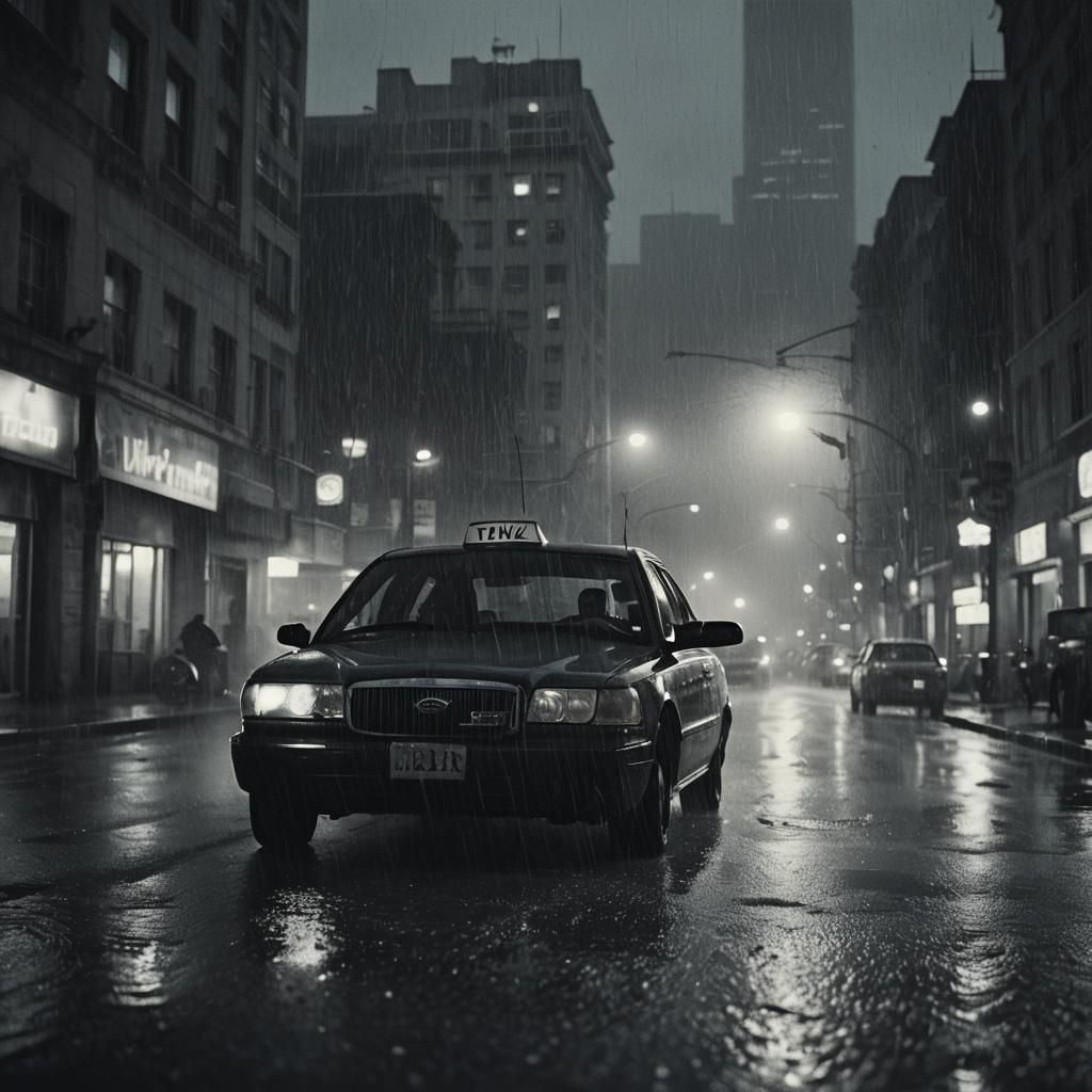 Noir Taxi Driver on Rainy Night Street