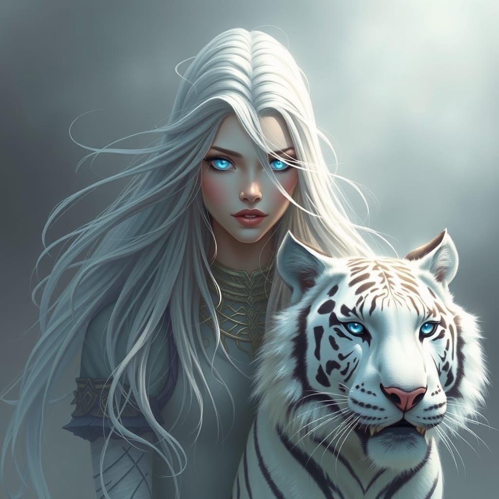 Ethereal Regal Figure with White Tiger in Misty Shadows