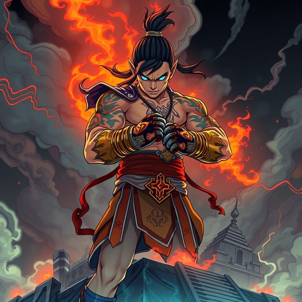 Muay Thai Warrior on Ziggurat in Anime Style