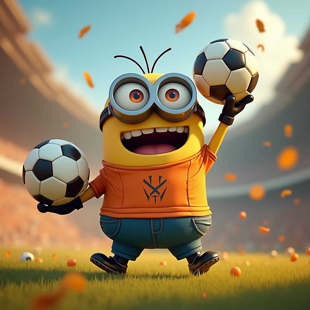 Minion Character Holding Soccer Balls in Dreamlike Setting