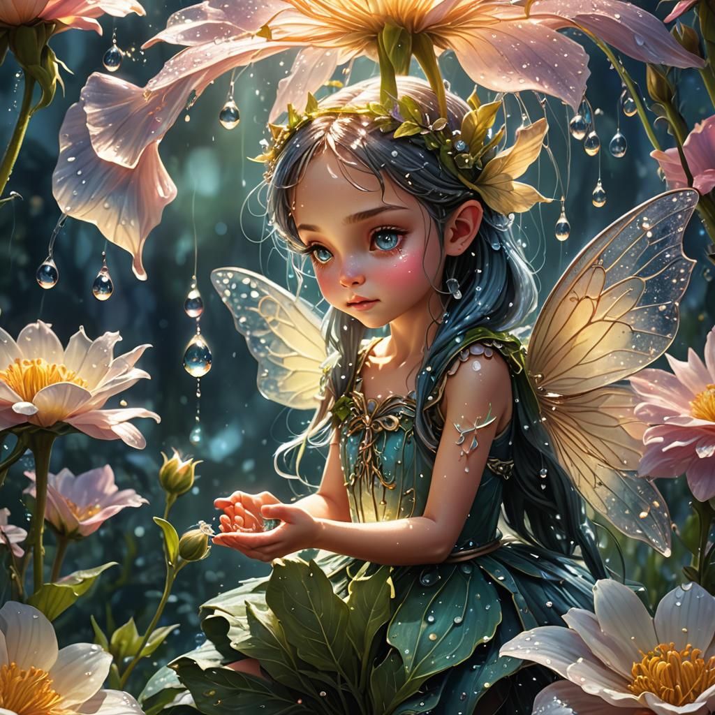 Luminous Fairy Collecting Dewdrops on Giant Flower