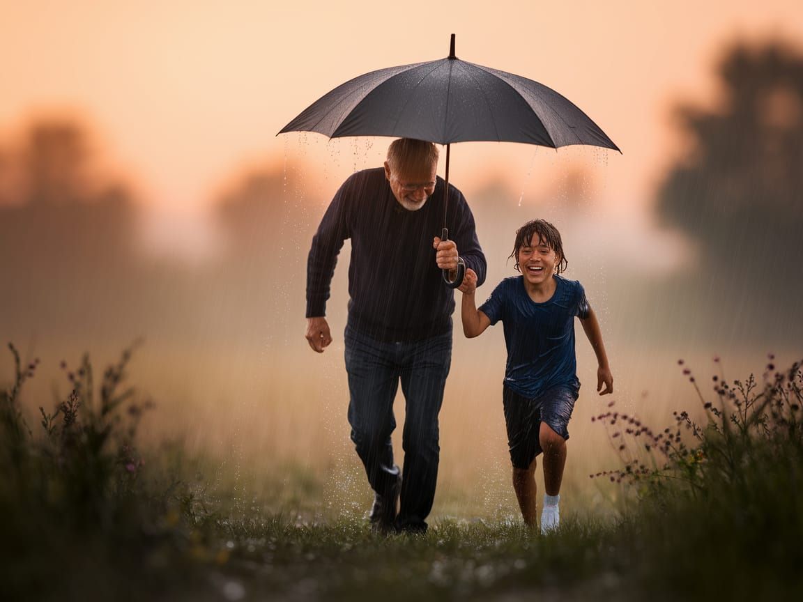 Grandfather and Grandson Share Umbrella in Misty Field
