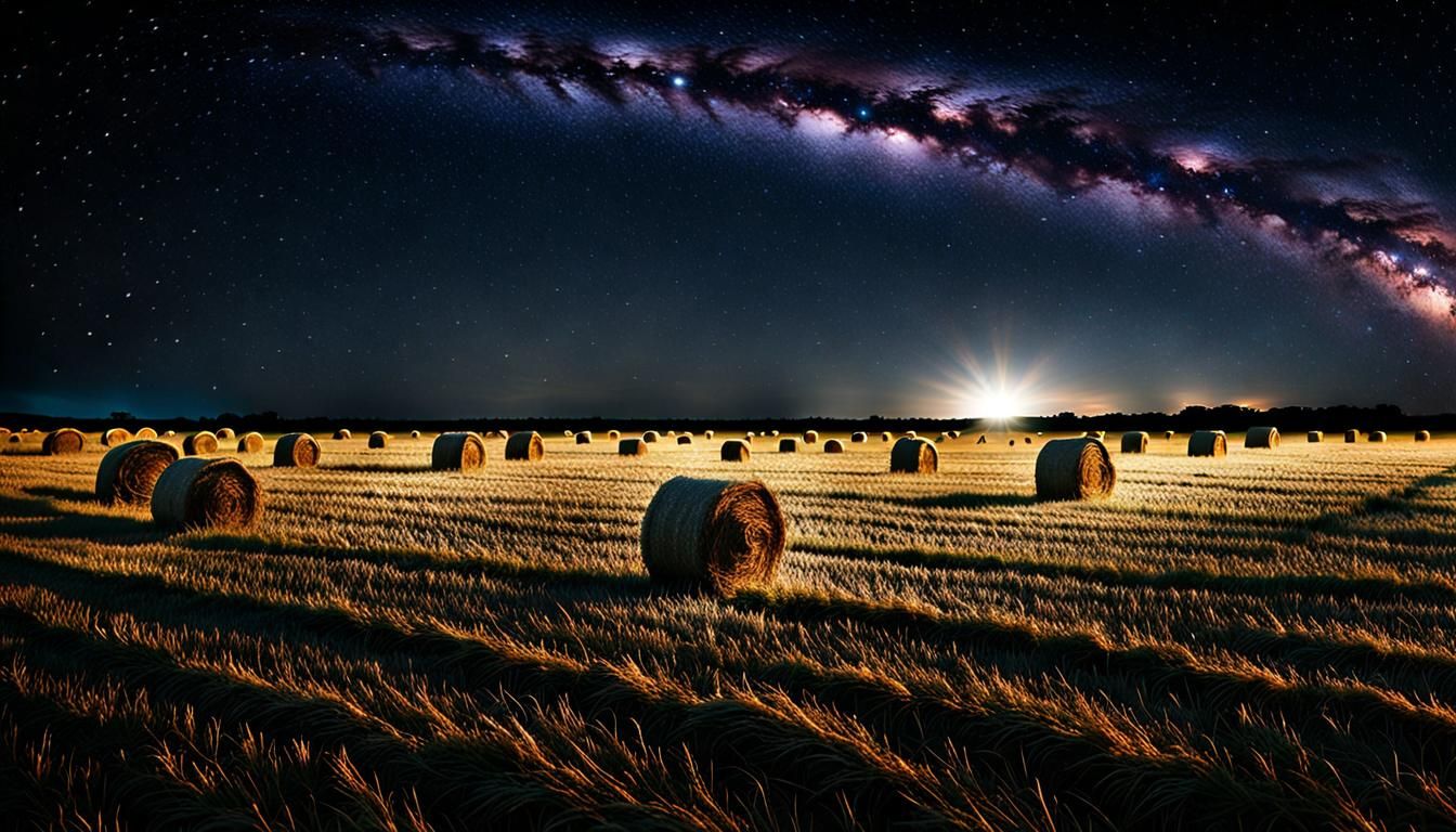 Vast Hay Field at Dusk: Stars Emerge