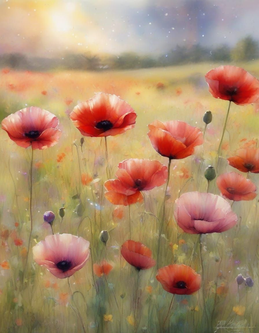 Vibrant Poppies in Meadow Under Rainbow, Watercolour Style