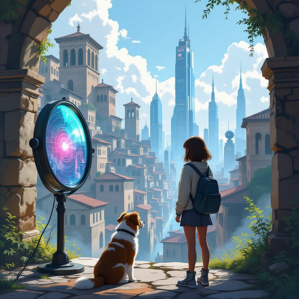 Girl and Dog Discover Ancient and Future Cities
