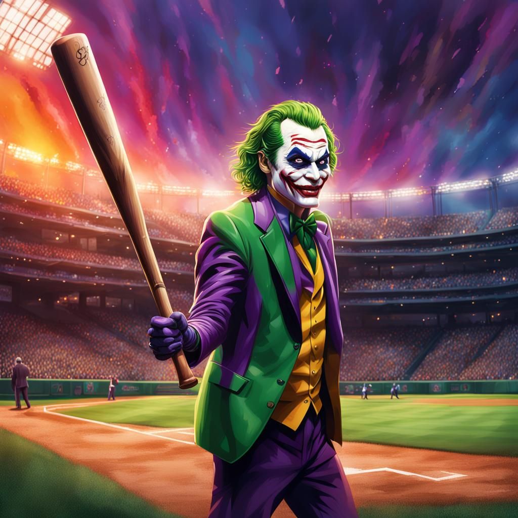 Hyperrealistic Joker Wields Baseball Bat in Stadium