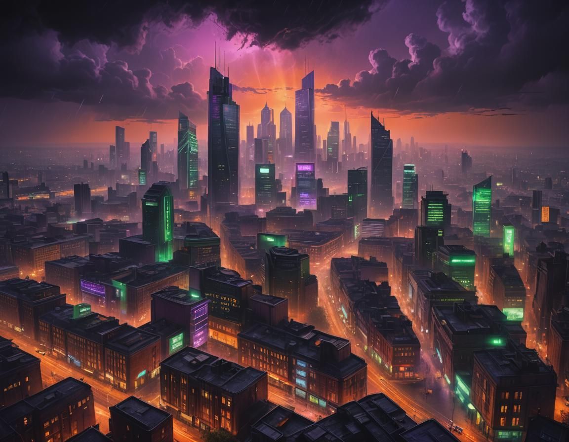 Cyberpunk Neo-London Cityscape in Purple and Green