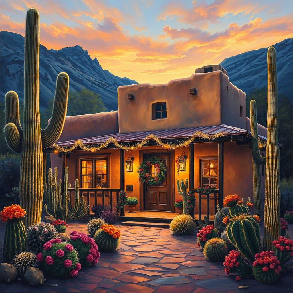 Vibrant Arizona Adobe Christmas Wonderland in Airbrush Style
