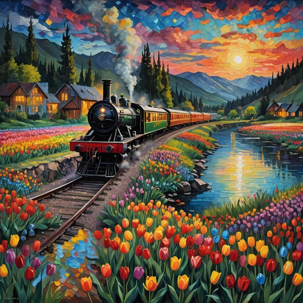 Rainbow Train Through Valley: Impasto Painting