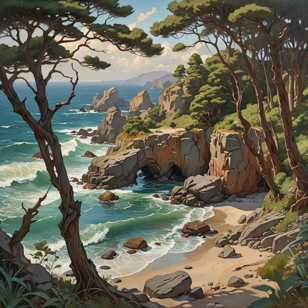 Secret Beach Oil Painting in Pre-Raphaelite Style