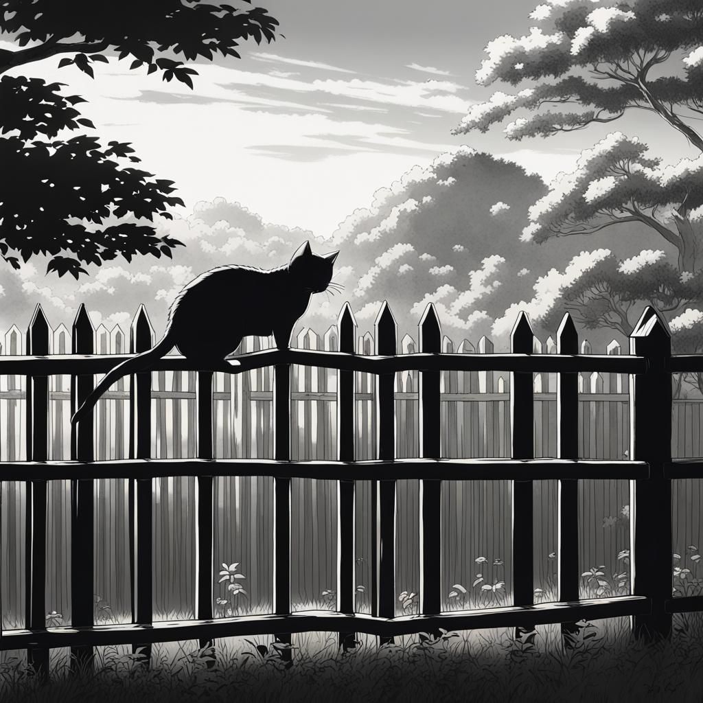 Black and White Cat on Fence, Studio Ghibli Style