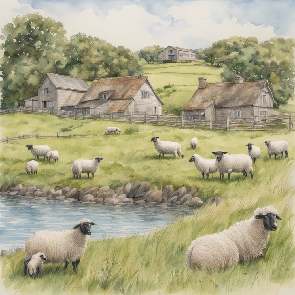 Coastal Farm with Sheep: Watercolor Pencil Illustration