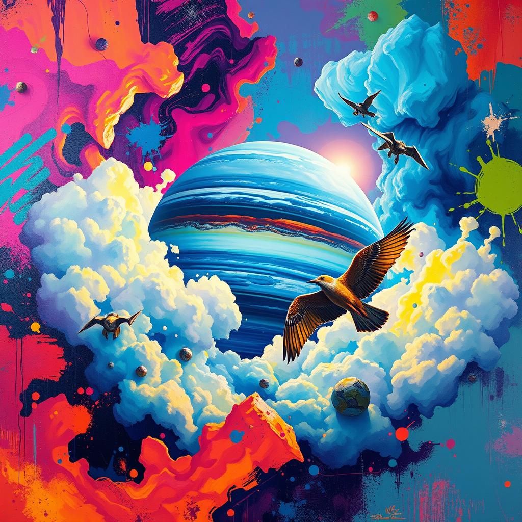 Majestic Neptune and Bird in Graffiti Art Style