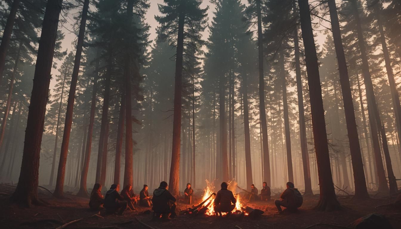 Campfire Glow in Dark Forest: Cinematic Film Still