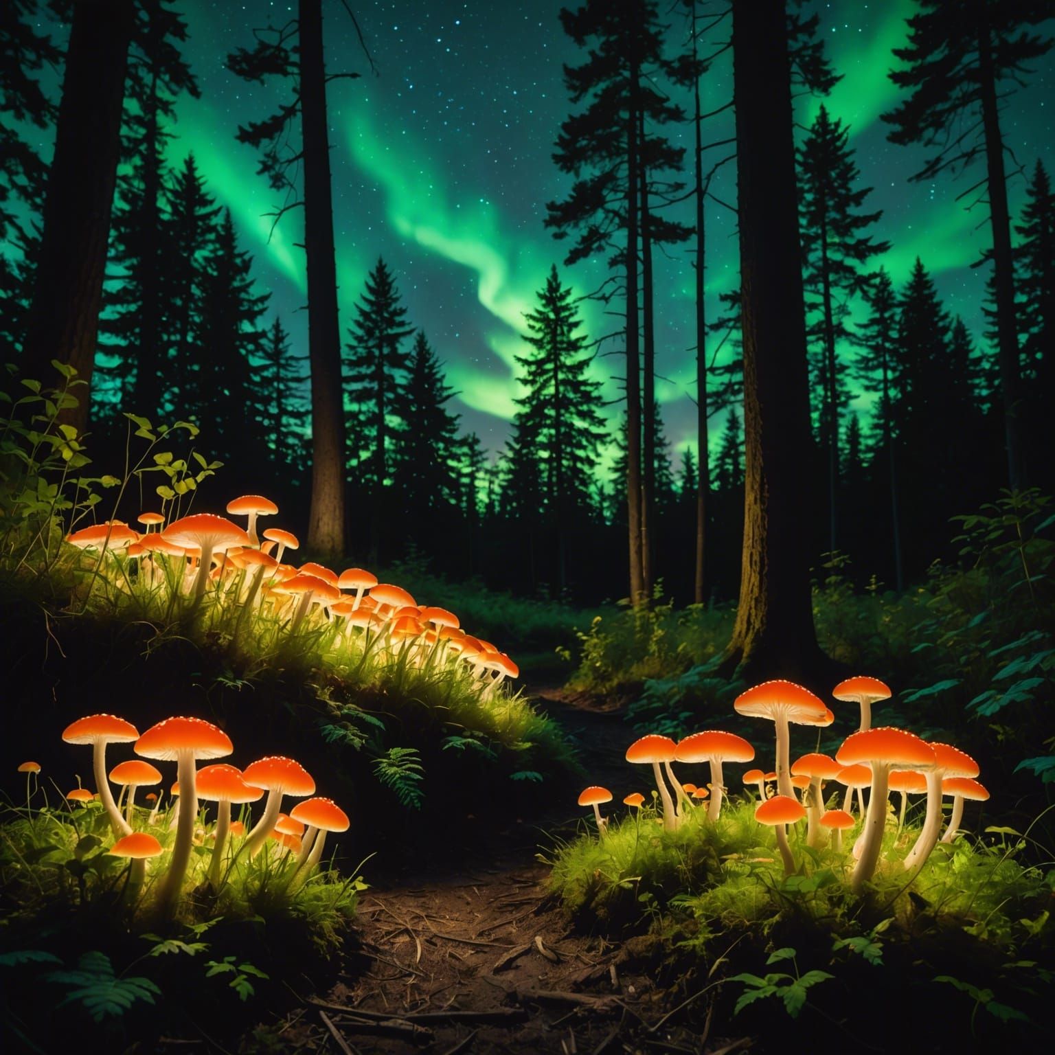 Bioluminescent Mushrooms Glow in Forest at Night