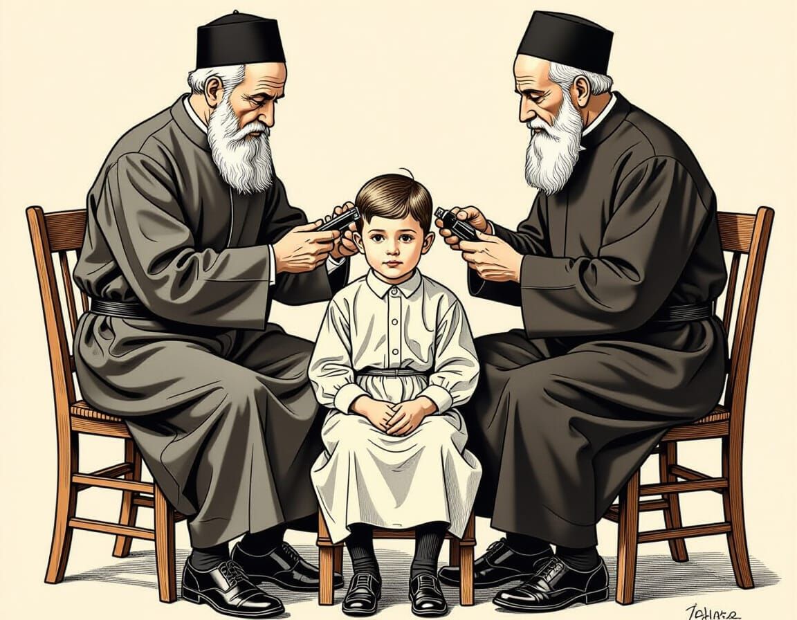 Father Cuts Son's Hair in Delicate Line Drawing Style