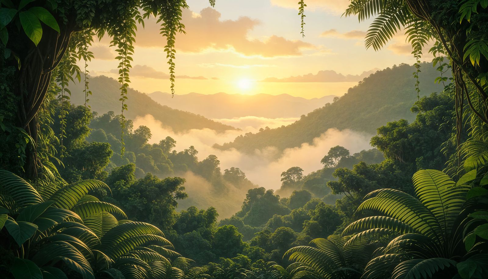 Lush Tropical Jungle Panorama with Waterfall