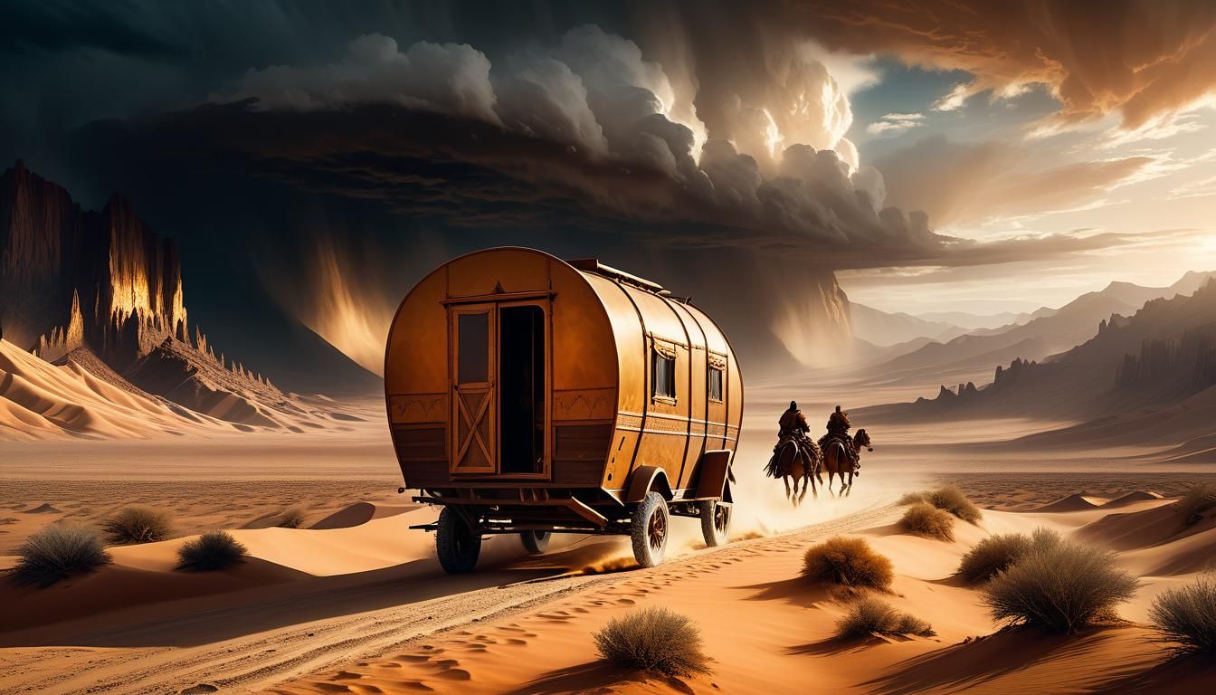 Nomad Caravan in Stormy Desert Landscape