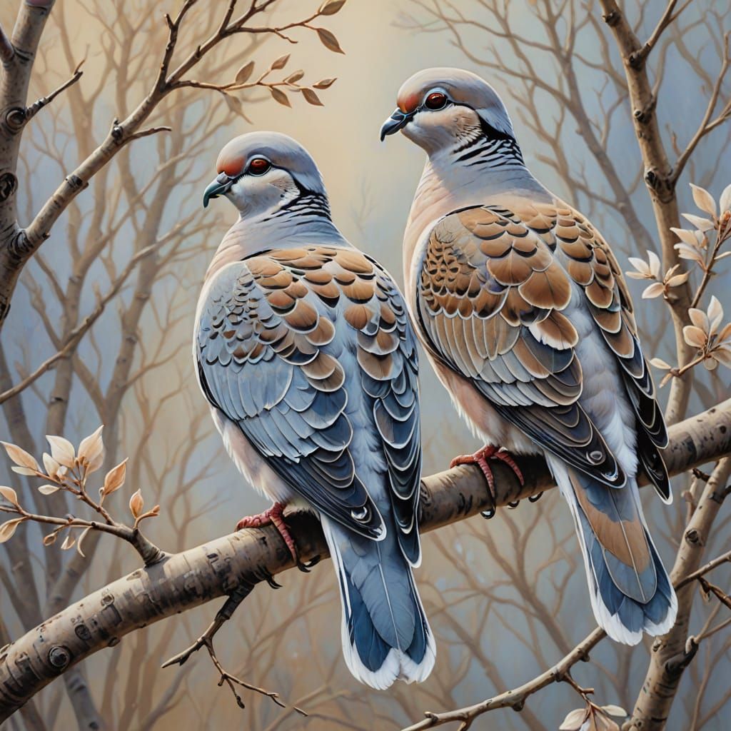 Two Turtle Doves Perched on a Branch in Gouache Style