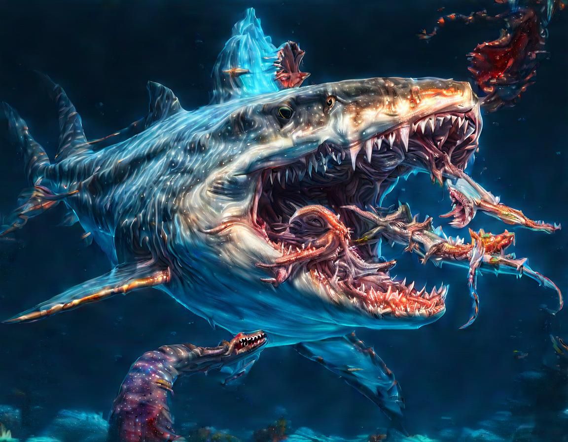 (The monstrous megalodon shark holds a huge squid in its mou...