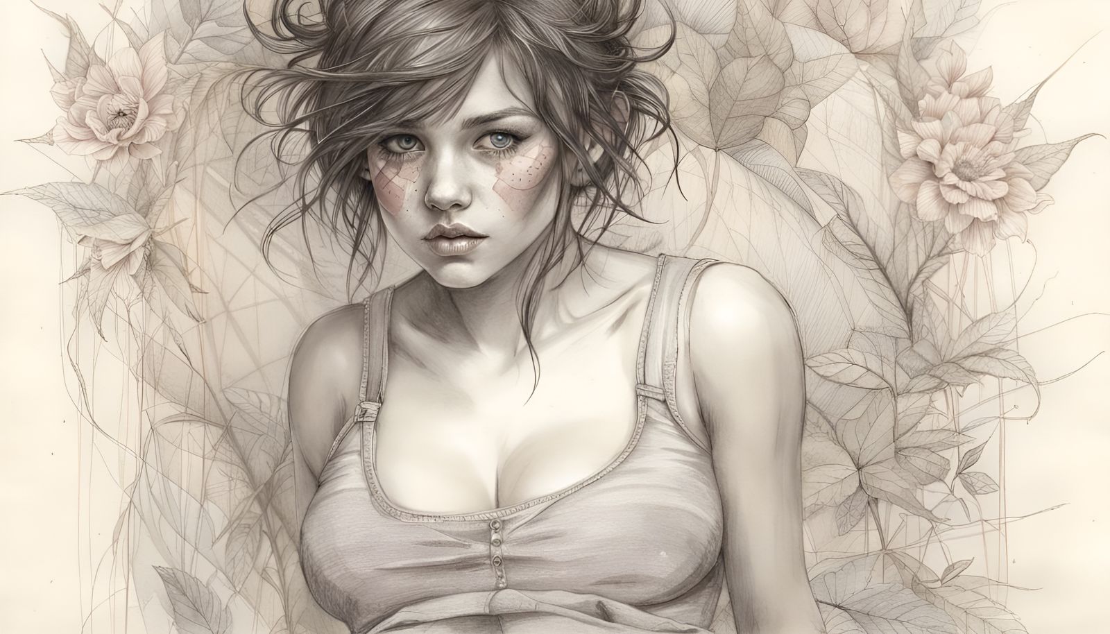 Detailed Graphite Pencil Drawing of Curvy Brunette