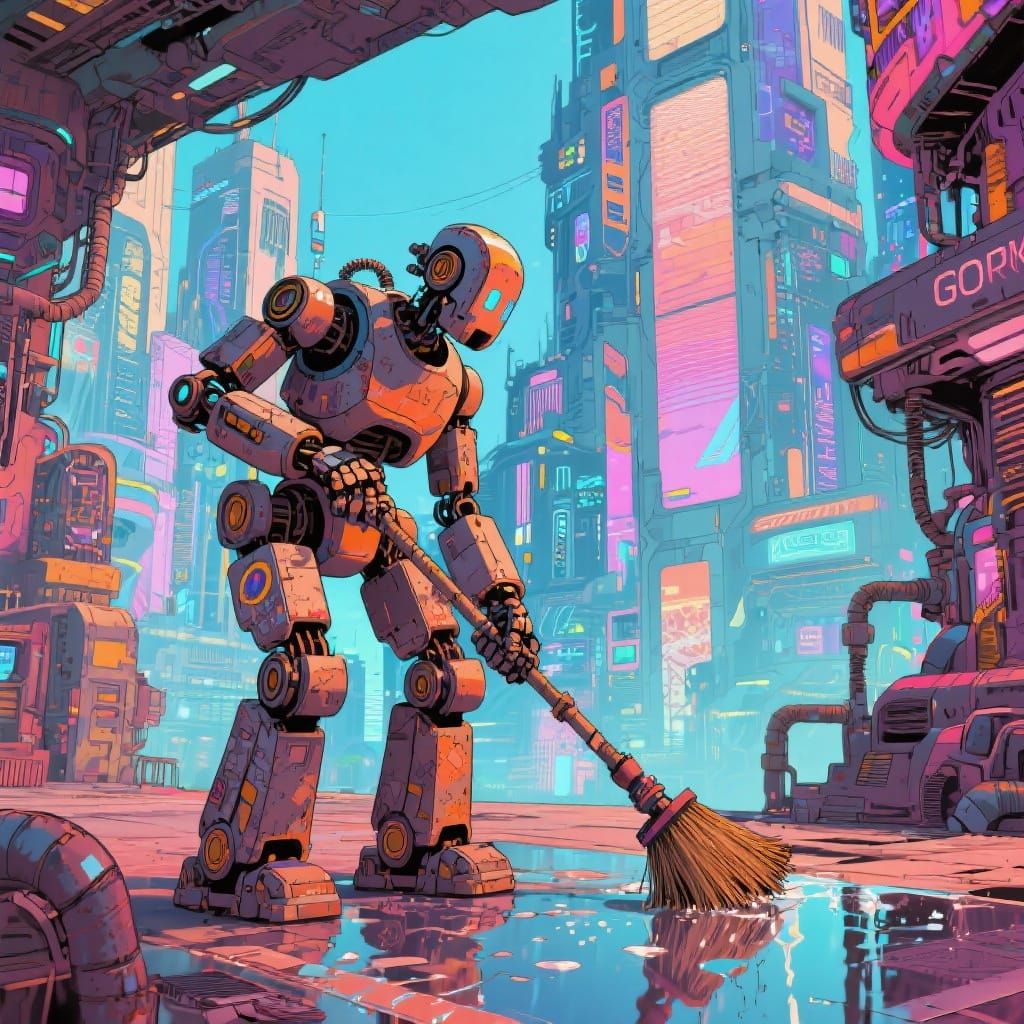 Robot Gork Cleans Futuristic City in Vibrant Style