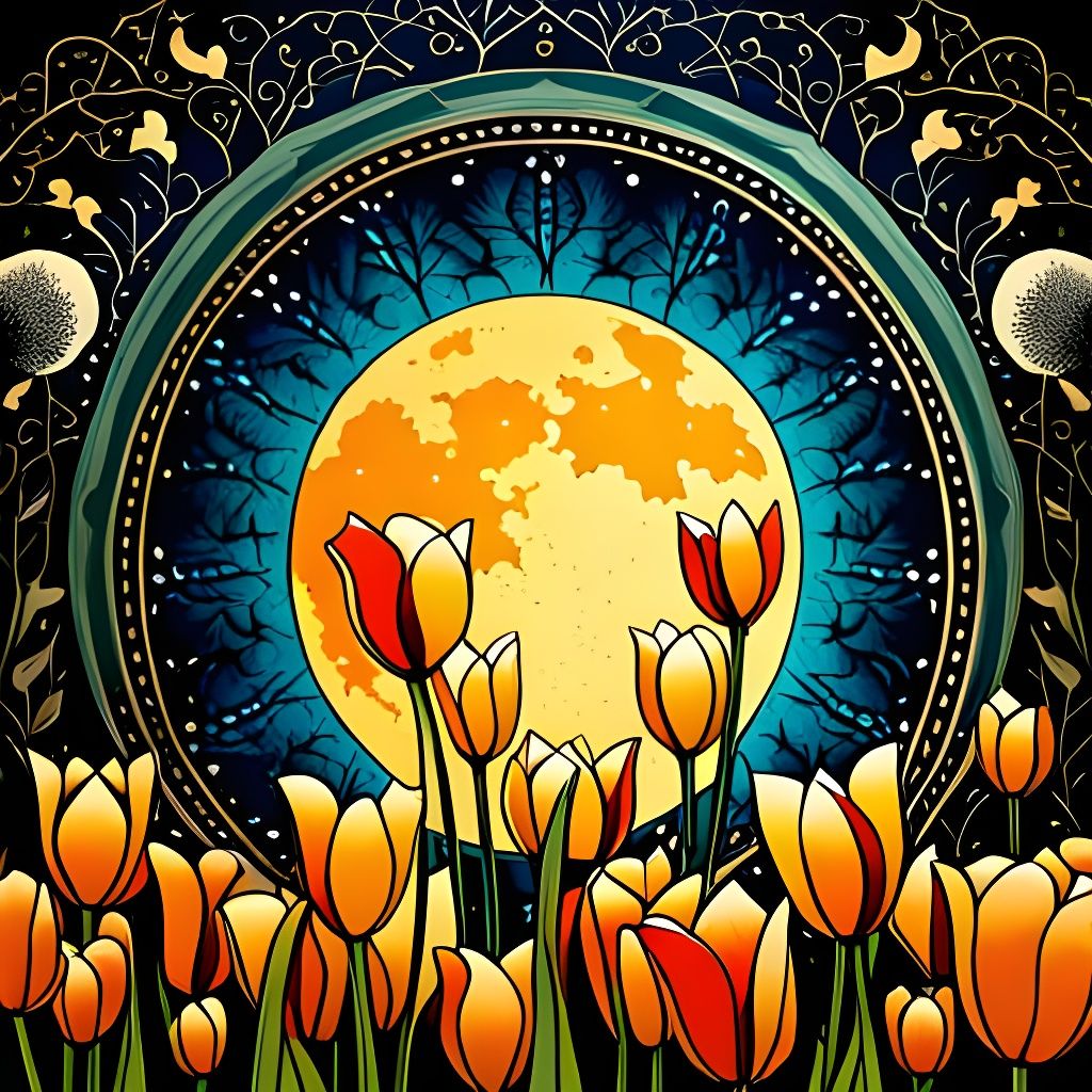 Blue Ink Tulip Field in Art Nouveau Style