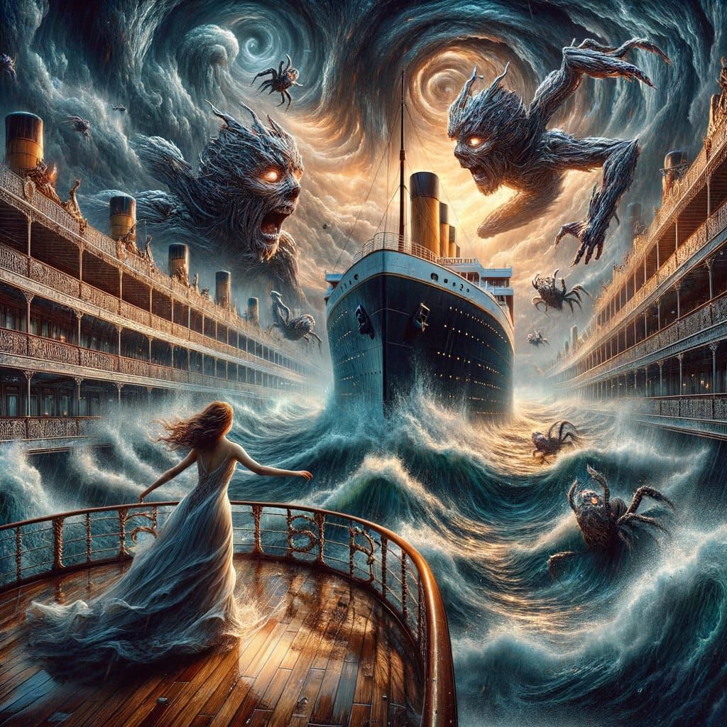 Girl Pursued by Crab Creatures on Stormy Titanic