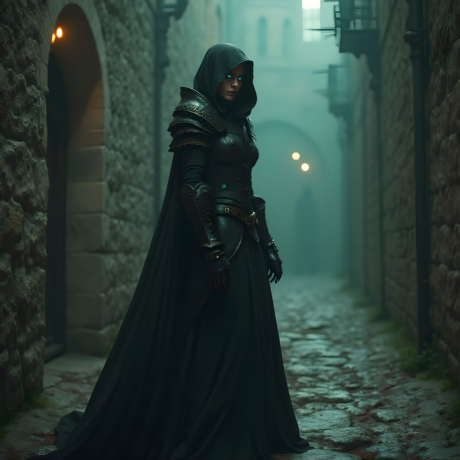 Elegant Shadow Assassin in Dark Alleyway