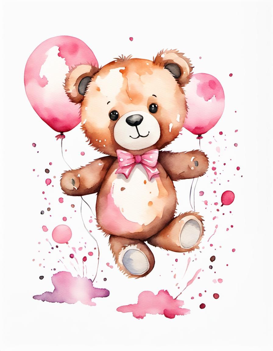 Teddy Bear with Pink Balloons Watercolor Clipart
